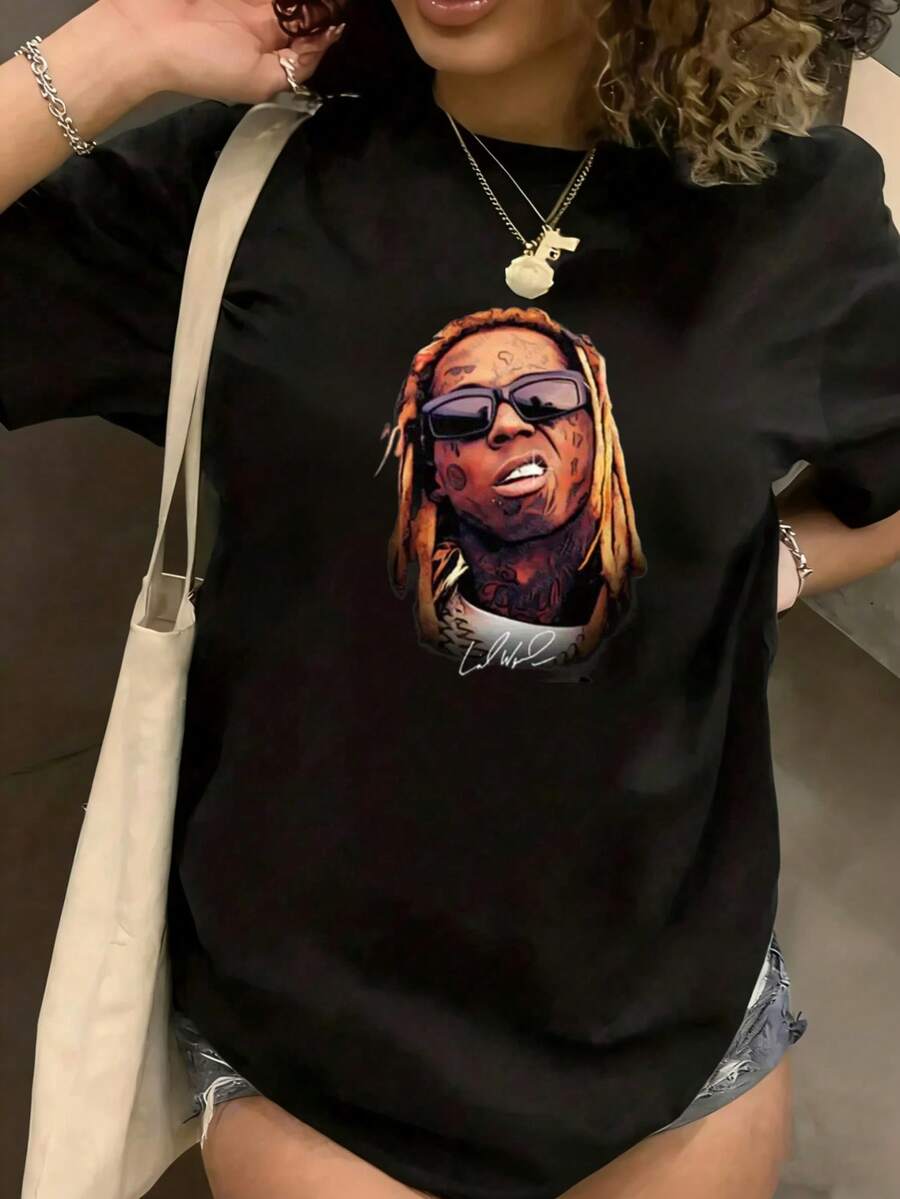 Round Neck Fun Print ﻿    Portrait Graphic T-Shirt Unisex Black Oversized Streetwear Fashion Top Music Artist Design Unisex Suitable For Holiday Gifts - trắng - Xem 1