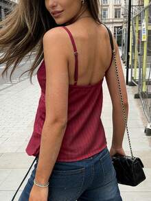 Women's Striped Textured Casual Lace Trim Neck Bohemian Vacation Camisole Top, Suitable For Travel, Beach, Daily Wear, Dating, Commuting, Spring/Summer - Burgundy - View 5