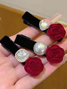 3pcs/Set Retro Faux Pearl Flocked Rose Flower Hair Clips, Bangs Clips, Side Clips, Hair Accessories - Multicolor - View 3