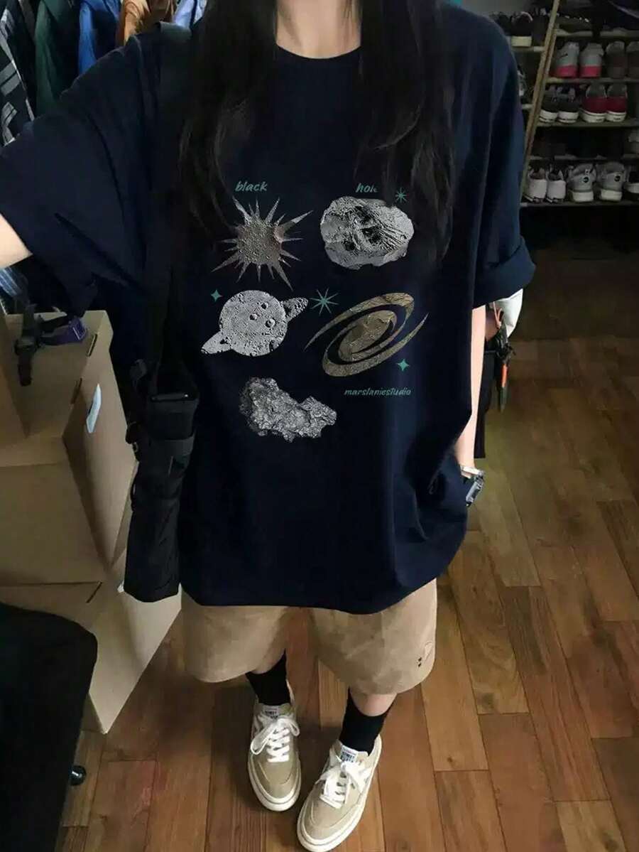 日系女式宽松休闲圆领卡通字母星空印花短袖T恤，春夏款 - 深藍 - 查看 1