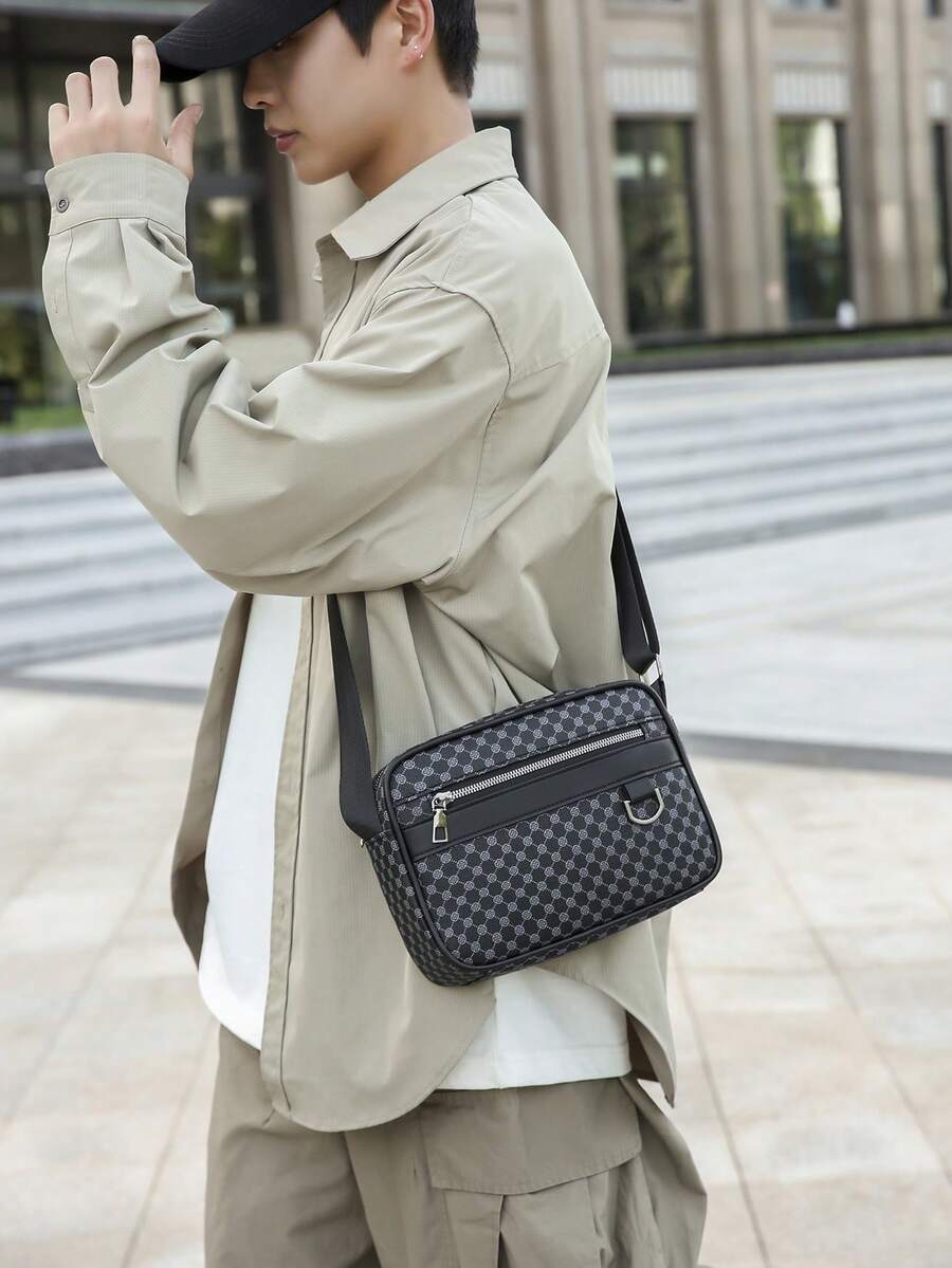 1pc Men's PU Large Capacity Messenger Bag, Multi-Pocket Shoulder Bag, Retro Printed Men's Backpack Valentine'S Day Phone Bag - Multicolor - View 1