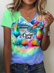 Women's 3D Tropical Cruise Palm Tree Print V-Neck T-Shirt - Lightweight Breathable Short Sleeve Summer Beach Top, Casual Cruise Vacation Outfit, Soft Comfortable Fabric - 混合色 - 查看 2