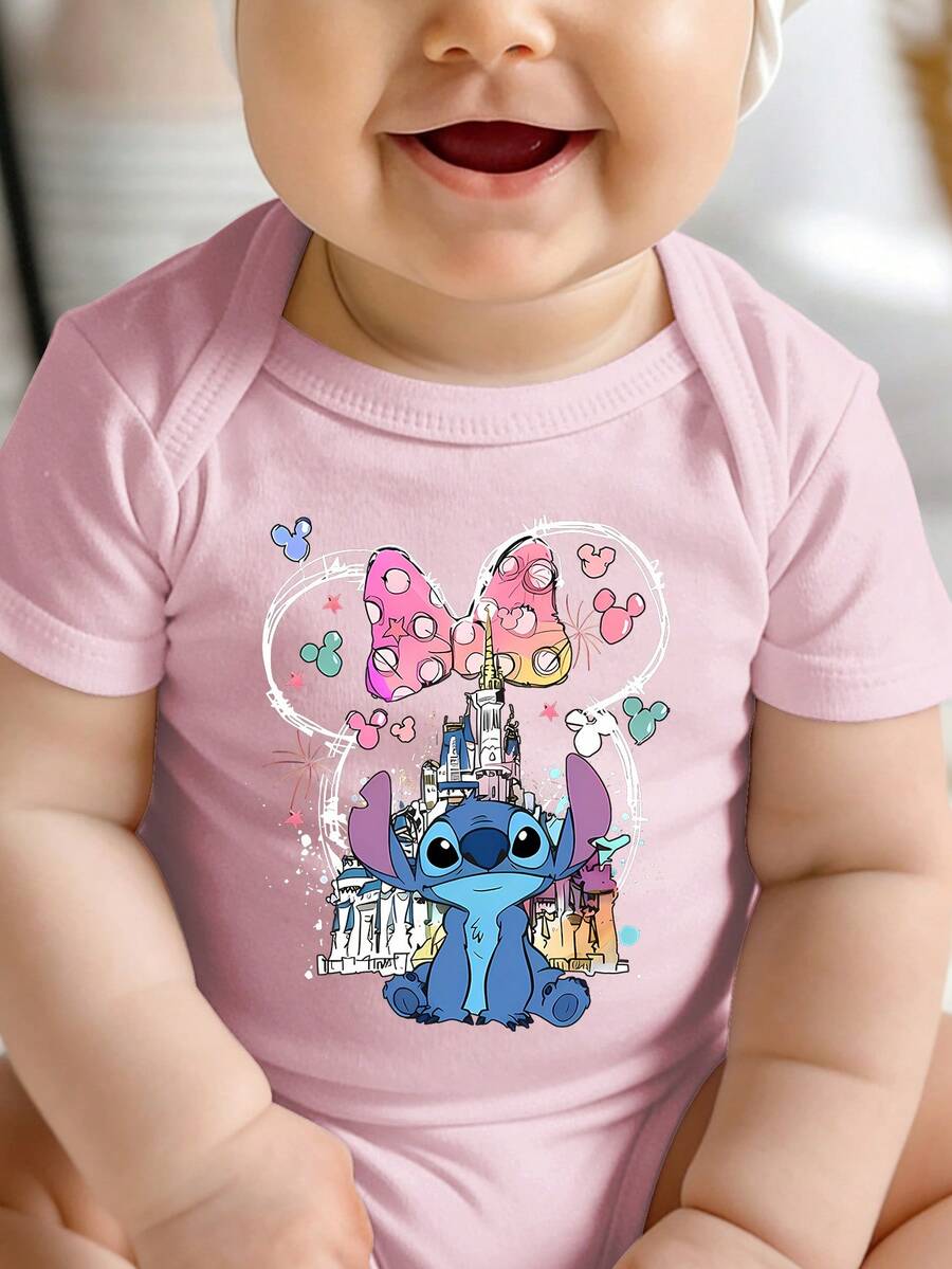 Newborn Jumpsuit - For Both Men And Women - Disney's Iconic Castle Stitch Cartoon Print - Crawl And Toddler Set - Summer Outdoor Casual Round-Neck Crawl Cover With Triangular Hem - Summer's Top Choice - Fun - Cute And Adorable - Perfect Holiday Gift For Infants And Toddlers - 粉色 - 查看 1