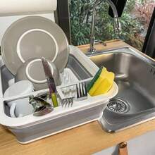 Collapsible Folding Silicone Dish Drainer Camping Caravan Boat Drying Rack, SILICONE DISH DRYING DRAINER, FOLDABLE DRIPPER, FOLDABLE SILICONE DISH DRYING DRAINER FOR PLATES, GLASSES, CUTLERY. - white grey - View 6