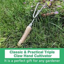 SELPONT arden Hand Cultivator Stainless Steel Handheld Triple Claw Hand Rake with Ergonomic Wooden Handle and Leather Strap Heavy Duty Garden Tilling Tool for Weeding Turning Soil Cultivating - plata - Ver 7