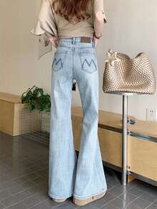 New Autumn/Winter Personalized Letter Denim Jeans, Streetwear Hipster Style Long Pants - Light Wash - View 5