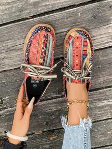 New Fashion Plus Size Platform Thick Bottom Mixed Color Casual Shoes, Versatile Slip-On Shoes With Waist Belt, Metal Chain, Leopard Print Combination, Comfortable Outdoor Vacation Flat Shoes For Women - Maroon - View 13