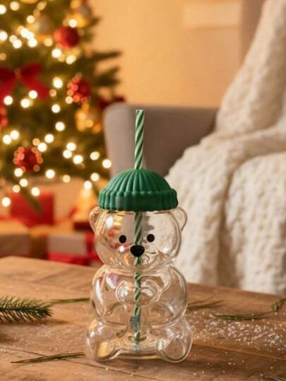 1pc Cute Bear Glass Cup, Adorable Bear Coffee Mug, Exquisite & Creative, With Lid & Straw, Suitable For Home, Restaurant, Cafe, Office, Bedroom, Living Room, Gift