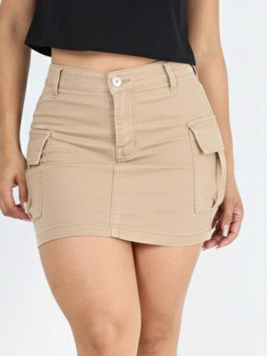 Black Cargo Skirt In Denim With Elastane And Pockets - Beige - View 1