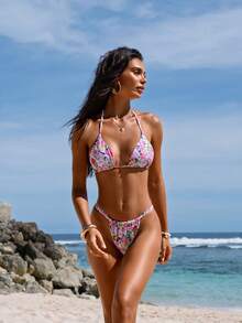 wohenmeili 女士夏季沙滩印花露背系带性感比基尼套装，含罩衫和裙子 - 白底粉花 - 查看 8