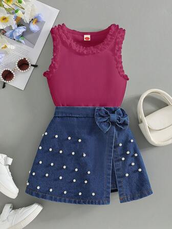 两件套时尚少女休闲无袖上衣+铆钉牛仔短裙套装