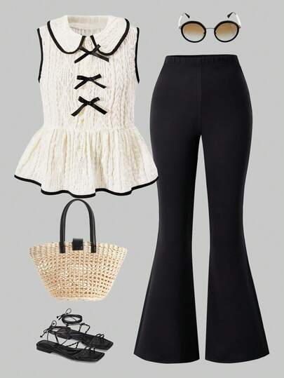 2pcs/Set Casual & Fashionable Commuter Outfit For Young Girls, Peter Pan Collar Contrast Color Bow Blouse Paired With Flared Pants, Spring/Summer