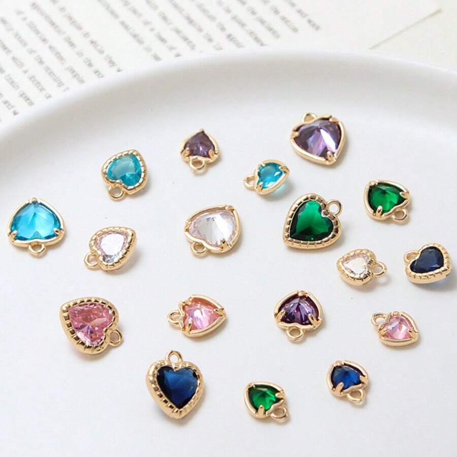 1个/9个心形吊坠，镶有水钻，可用于DIY手链、耳环、珠宝配饰