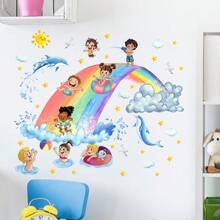 1pc Whimsical Underwater World Wall Decal - Colorful Waves And Friendly Whales, Removable Wallpaper, Suitable For Children's Room And Nursery Decor; Educational Ocean Theme Wall Sticker - Vibrant Whale And Wave Decal Set, Self-Adhesive Decoration For Kindergarten And Playroom; Dreamlike Ocean Mural - Playful Whales Swimming In Rainbow Waves, Peel And Stick Wall Decal - Multicolor - View 3