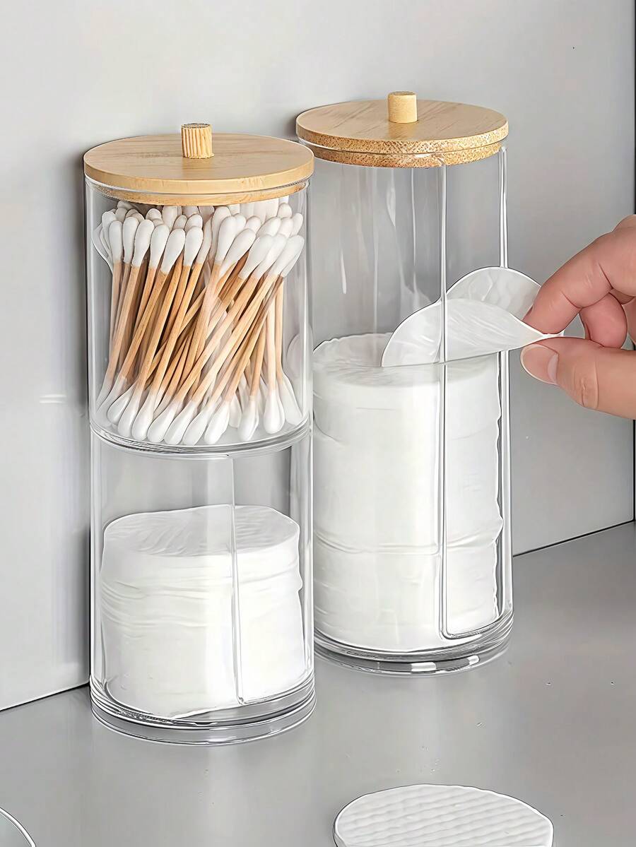 1 pieza Caja de almacenamiento con tapa de madera, Dispensador y bastoncillos de algodón transparentes, Organizador de cosméticos, Caja de almacenamiento para escritorio, Soporte recargable para lápiz labial, Recipiente de almacenamiento para baño impermeable, Caja de almacenamiento multifuncional, Portapallillos, Regalo del Día de San Valentín, Útiles escolares