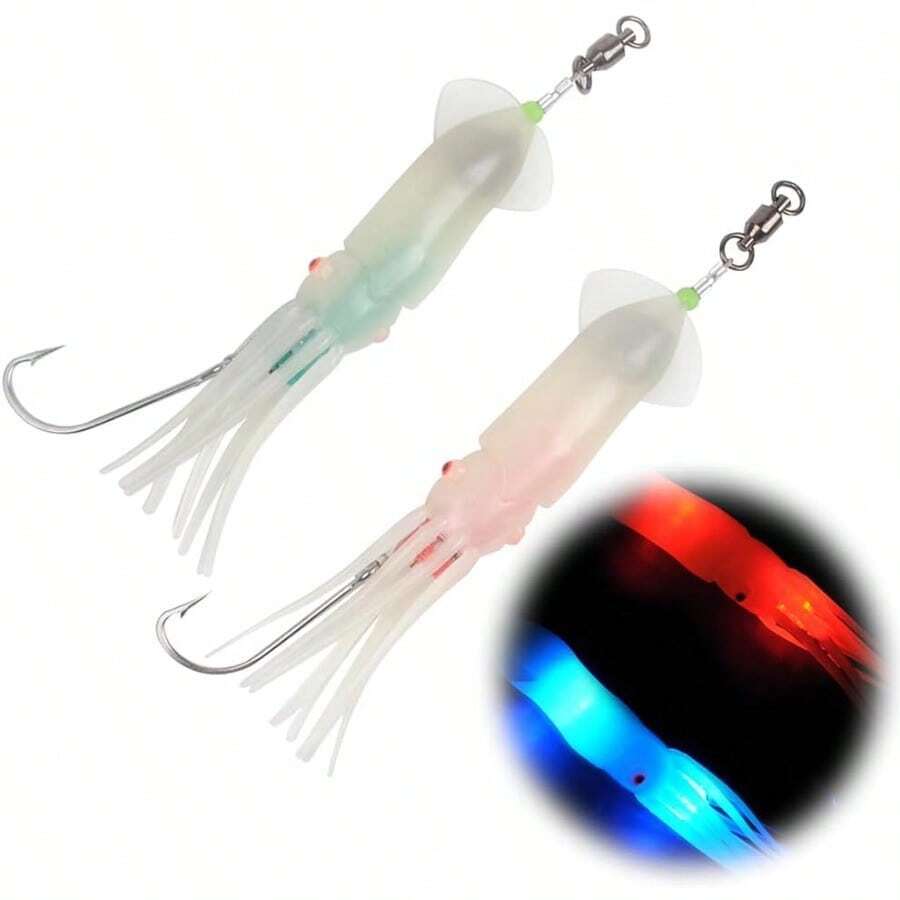 Dr.Fish - Señuelos de Pesca LED de Agua Salada de 6 Pulgadas señuelos de Calamar fletán de atún señuelos de salmón Luces de caída Profundas Luces de caída Profundas - AzulyRojo2Piezas - Ver 1