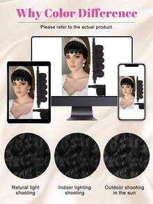 卷曲蓬松编织发带，三股合成发带刘海接发，假发刘海，两侧较长，适合女性，自然黑色假刘海，时尚粗BB夹粘贴式编织发带，16英寸 - 黑色 - 查看 6