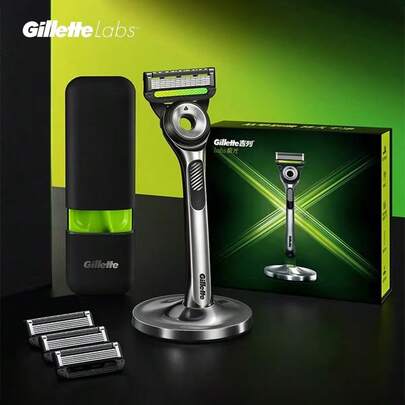  Gillette Razors For Men, Gillette Labs With Exfoliating Bar, Shaving Kit For Men, Storage On The Go, Includes Travel Case, 1 Handle, 4 Razor Blade Refills, And Premium Magnetic Stand,Gifts For Him