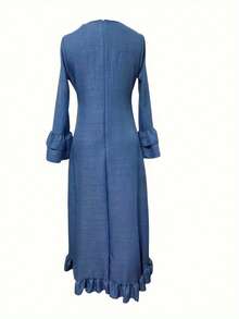 Women's Vintage Blue Ruffle Hem Dress - Long Sleeves V-Neck, Asymmetrical Detailing, Casual To Dressy, Bohemian Style,  Bohemian Dress | Vintage Style Dress, Women's Evening Maxi Dress For Party,  Valentine's Day,Clothes,Valentine Outfits For Women,Bodysuits,Valentine's Day,Clothes,Vestidos Elegantes De Mujer,Valentine Outfits For Women, All Year Round, Suitable For Outings, Cocktail Parties, Parties, Christmas, Nightclubs Banquets, Film Festivals, Cinemas, Balls, Cocktail Parties, Bars, Weddings, Graduation Ceremonies, Homecoming, Birthday Parties, Rebellious Girls, Holiday-Themed Parties, Out Outfits, Streetwear, Fashion Shows, Dates, Valentine 's Day, Out Work University, School Village, Concerts, Street Girls, Girls, Country Outfits Women The Best Women Out, Ladies' Vacation Clothing, Country Concert Outfit,New Years Outfit Women - 藍色 - 查看 4