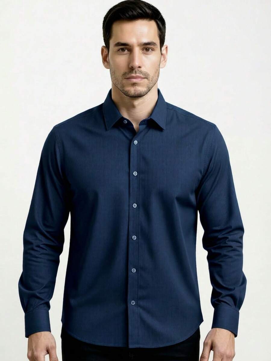 Men's Slim-Fit Striped Shirt For Formal Occasions. - 藏蓝色 - 查看 1