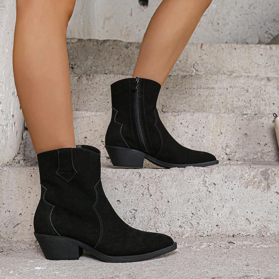 Women's Pointed Toe Western Style Side Zipper Buckle Ankle Boots - Black - View 1