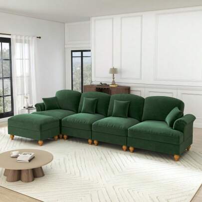 Classic Modular L-Shaped 4-Sitzer Sofa With Chenille With Trichter-Armlehnen, Abnehmbarer Rüschenschürze, Spindelförmigen Beinen & Beweglichem Hocker – Tiefer, Bequemer Sitz Fürs Wohnzimmer, Grün