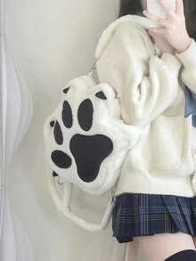 新款可爱猫爪卡通毛绒背包，个性化女孩单肩包，甜美女士大容量背包，生日礼物 - 黑與白 - 查看 2