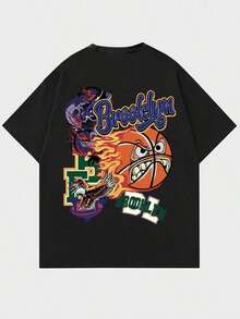 ROMWE MEN Street Life T-Shirt With Lettering And Cartoon Pattern For Men - 黑色 - 查看 1