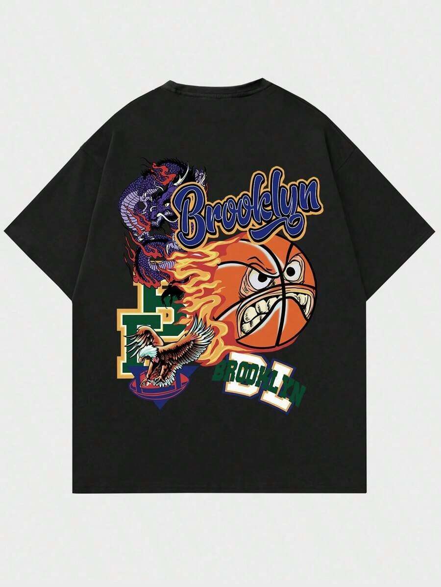 ROMWE MEN Street Life T-Shirt With Lettering And Cartoon Pattern For Men - 黑色 - 查看 1