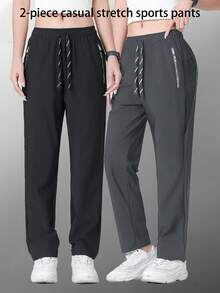 2pcs/Set Women Summer Ice Silk Sports Pants, Casual Elastic Fitness Yoga Straight Leg Trousers, Breathable Running Outdoor Mesh Pants Black Spring - Black - View 1