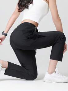 2pcs/Set Women Summer Ice Silk Sports Pants, Casual Elastic Fitness Yoga Straight Leg Trousers, Breathable Running Outdoor Mesh Pants Black Spring - Black - View 4