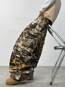 1pc Justice Brother Retro Multi-Pocket Personalized Print Men's Distressed Loose Wide-Leg Jeans (Belt And Accessories Not Included) - Multicolor - View 3