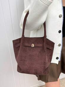 Dedoo 欧美小众设计麂皮水桶包，带扣设计，女士街头风手提包，适合秋冬季购物、通勤、聚会和送礼。 - 咖啡 - 查看 7