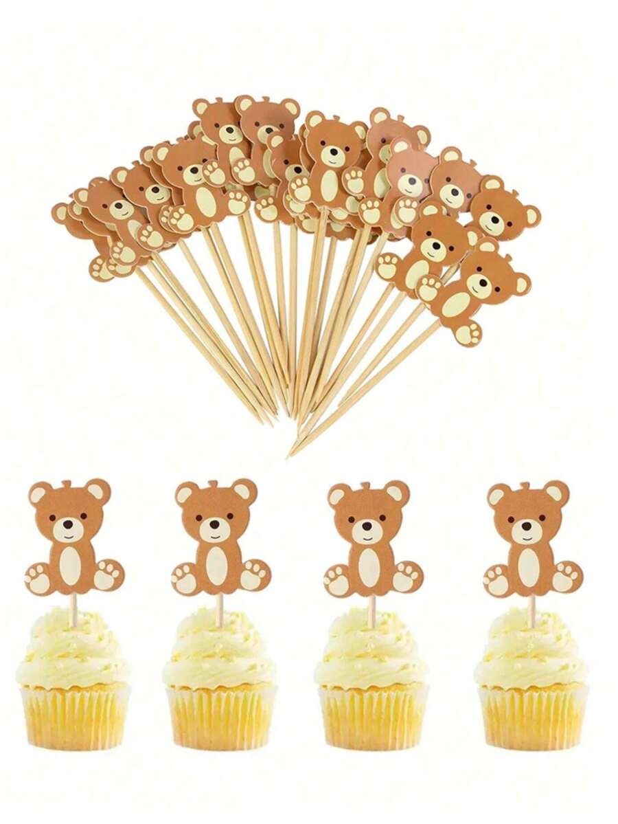 25/15 unidades de toppers de cupcake de ursinho de pelúcia fofo - Palitos decorativos de ursinho marrom para chá de bebê, festa com tema "Mal podemos esperar", decoração de bolo de aniversário infantil, Dia dos Namorados, chá de bebê e artigos para festa de chá de bebê.