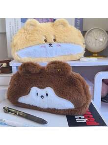 1pc Cute Plush Funny Cartoon Stationery Pouch, Minimalist Large Capacity Pencil Case, High-Quality Squirrel Design Stationery Organizer Bag, Coin Purse, Makeup Bag, Suitable For Middle And High School Students, Girls School Supplies - Brown - View 3