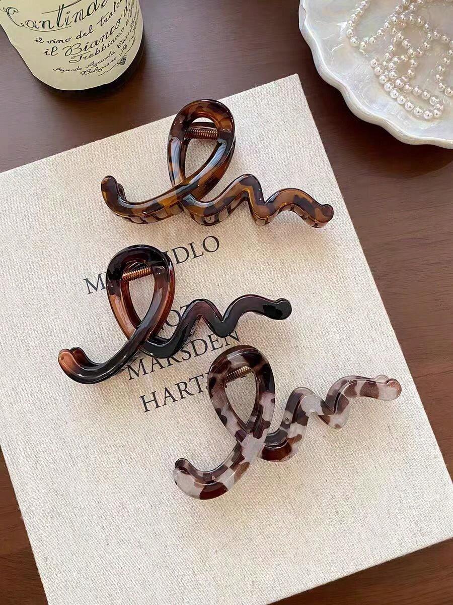 3/1 pieza Clip de pelo con agarre súper grande de estilo retro de Hong Kong con onda, clip de volumen de pelo grande, clip de pelo con patrón de leopardo de moda para mujer, accesorios de pelo elegantes, pinza de pelo casual - Multicolor - Ver 1