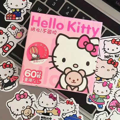 60pcs/Box Hello Kitty & Sanrio Stickers, Suitable For Phones, Laptops, Guitars, Luggage, Helmets - Cute PVC Stickers Featuring Hello Kitty Faces, Hello Kitty Outfits, Sanrio Characters ( Stickers) Scrapbook Supplies Scrapbook Stationery