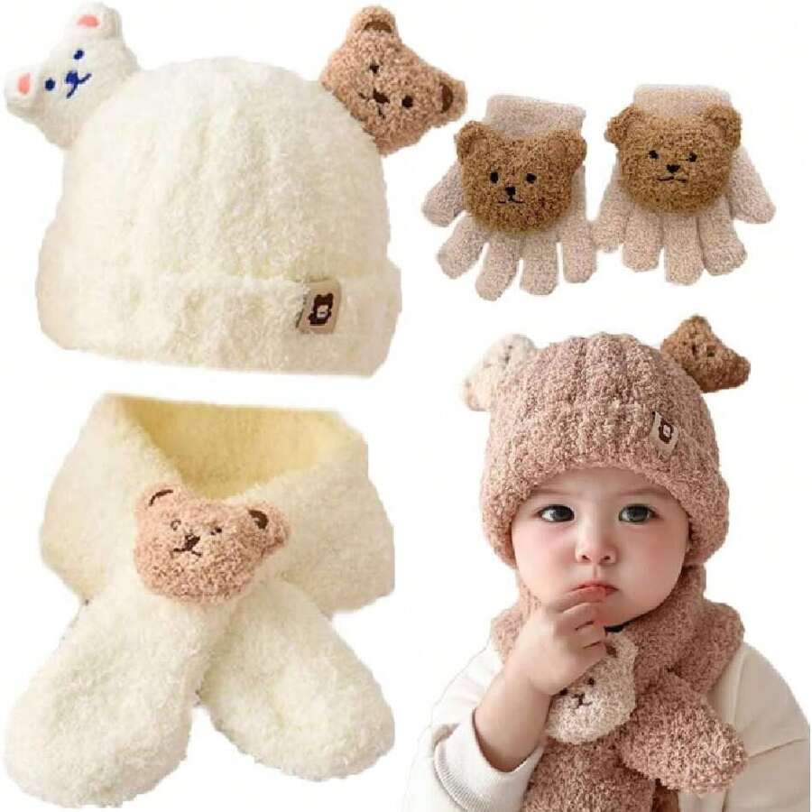Gorro de invierno con pompón para niños, 3 en 1 Gorro Bufanda Guantes Set,Invierno de Punto Caliente Gorro sin ala Gorro Suelto,Para niños y niñas.,36984514 - Gris - Ver 1