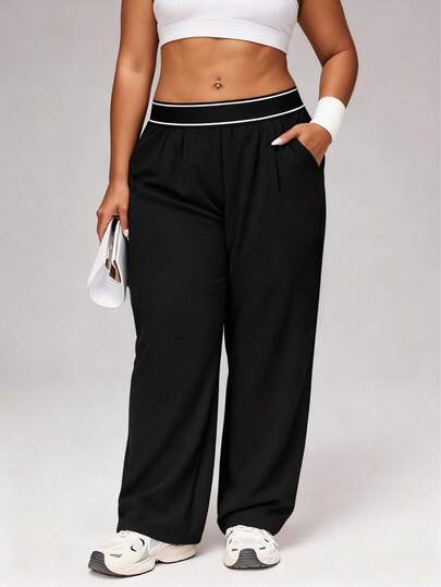Plus Size Women's Black Straight Leg Pants, Solid Color Elastic Waist Pockets, Suitable For Sports, Fitness, Running, Striped Design, Lightweight Yoga