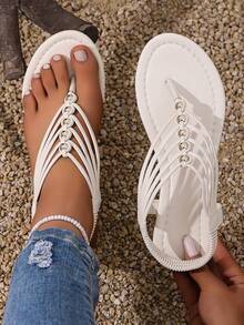 女士时尚圆头手工串珠波西米亚坡跟凉鞋 - 白色 - 查看 7