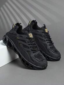 男士厚底厚底运动鞋，黑色皮革鞋面增高鞋，休闲系带厚底鞋，未来主义机械设计，透气舒适，小众时尚街头服饰 - 黑色 - 查看 2