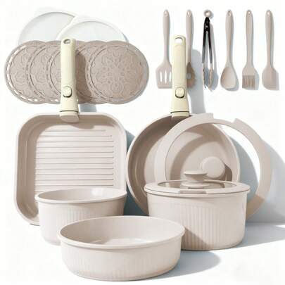 5pcs /7pcs/24 Pcs Pots And Pans Set Non Stick, Ceramic Cookware Set With Detachable Handles, Healthy Induction Cookware Oven RV Kitchen Set