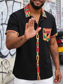 GOLDREDY 男士纯色舒适透气面料拼接印花撞色纽扣领设计休闲修身短袖衬衫，适合日常穿着、通勤、夏季新品 - 黑色 - 查看 7