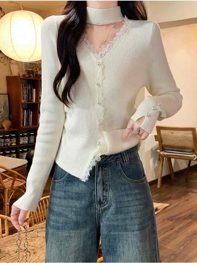 2026 Women's Lace Patchwork V-Neck Long Sleeve Knitted Sweater, Hollow Out Design, Cropped Pullover Top, Spring