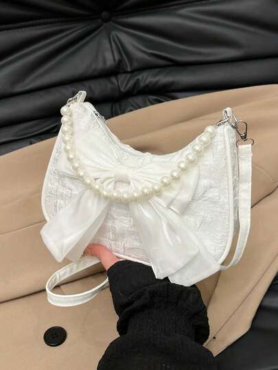 1pc Cute & Versatile Crossbody Bag With Bow & Pearl Decor Nylon Zipper, Suitable For Daily Use. Zipper Design, Adjustable Strap, Fits Daily Essentials For School And Travel. This Multifunctional Item Is Fashion & Versatile, Suitable For Various Styles And Occasions.