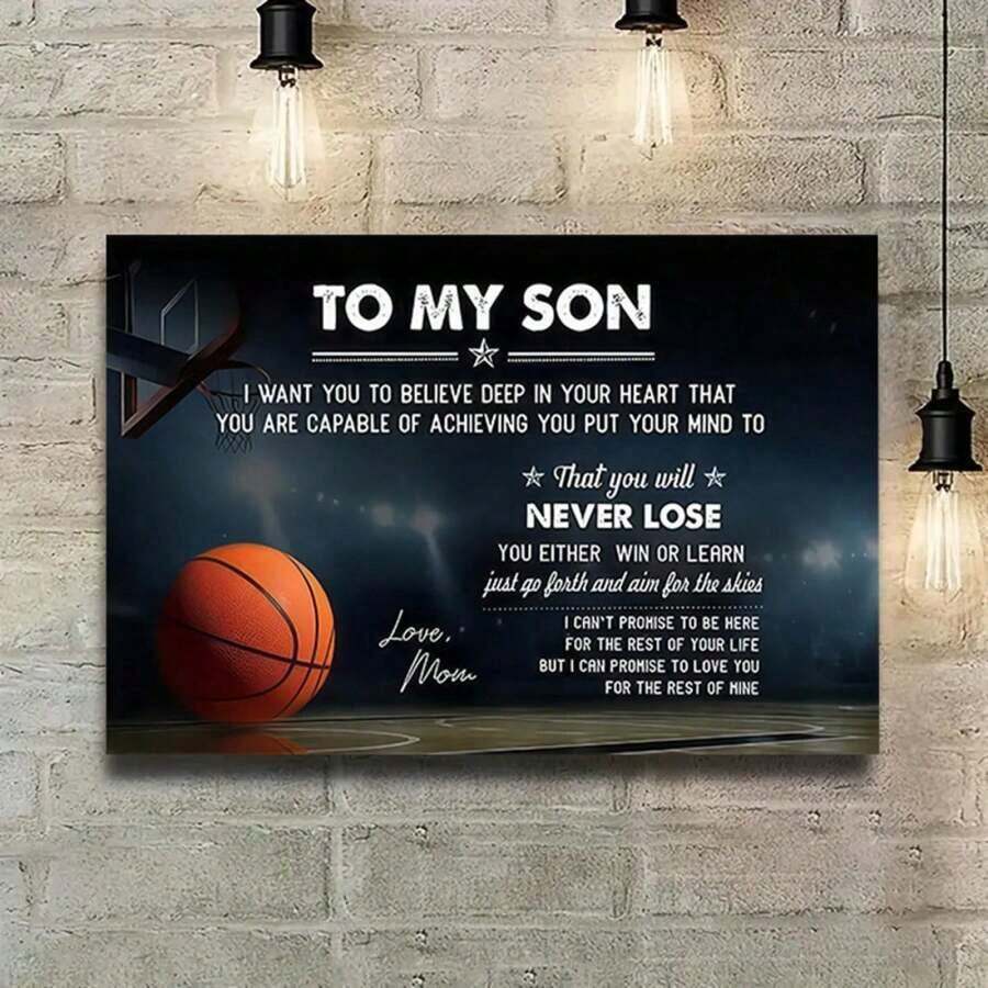 1 pieza Póster de arte de pared enmarcado en lienzo, con una pelota de baloncesto y un mensaje alentador de la madre, ideal para inspirar a jóvenes atletas y celebrar el fuerte vínculo entre madre e hijo, listo para colgar, regalo perfecto para cumpleaños o graduación - Multicolor - Ver 1