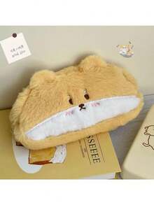 1pc Cute Plush Funny Cartoon Stationery Pouch, Minimalist Large Capacity Pencil Case, High-Quality Squirrel Design Stationery Organizer Bag, Coin Purse, Makeup Bag, Suitable For Middle And High School Students, Girls School Supplies - Brown - View 1