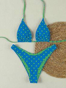 Bộ bikini hai mảnh buộc cổ họa tiết chấm bi xanh dương và xanh lá cây, gợi cảm và ngọt ngào, thích hợp cho kỳ nghỉ hè/thuyền của nữ, hàng mới về. - Nhiều màu - Xem 3