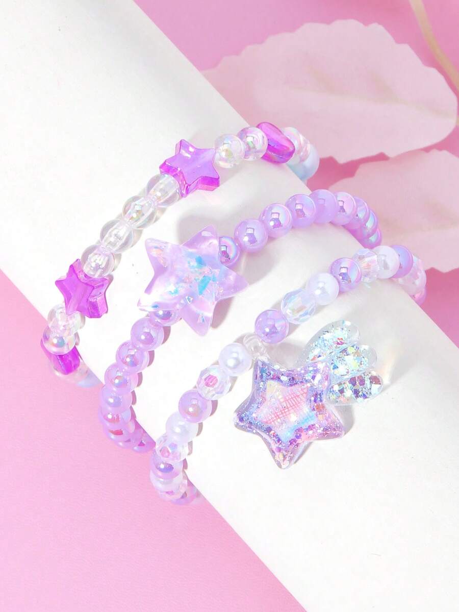 3件套可爱星星、珍珠、爱心串珠手链、项链、腕带首饰套装，适合女孩日常、节日、生日、派对佩戴 - 彩色 - 查看 1