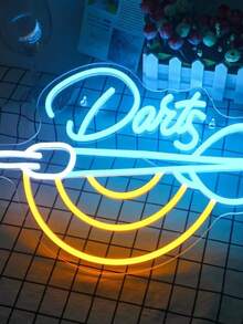 Colorful Glowing LED Flexible Silicone Neon Light (Data Cable Included): Ins-Style Blue & Yellow Contrast Dart Shape, Smooth Curves + Artistic Font Details, Ambience Lighting / Decoration 2-In-1 Dart Themed Neon Light, Suitable For Party, Bar, Game Room And Other Leisure Scenes, Night Scene Decoration / Full Of Festive Celebration Atmosphere, Soft Lighting Effect Non-Dazzling, Lightweight And Easy To Install, Create A Highlight Space. - White + Ice Blue + Lemon Yellow - View 1